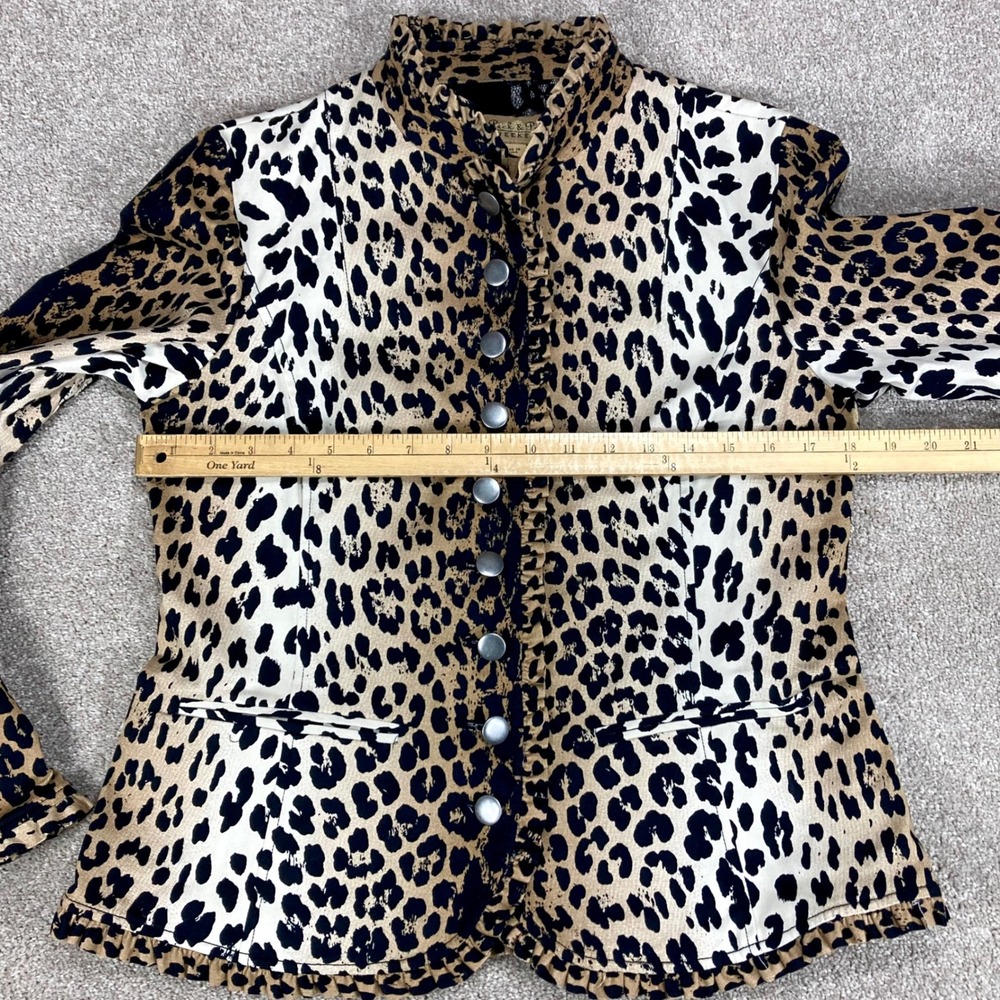 Peck & Peck Leopard Print Blazer Women Sz 10 Tan Black Ruffle Trim Edgy Mob Wife - Picture 5 of 15